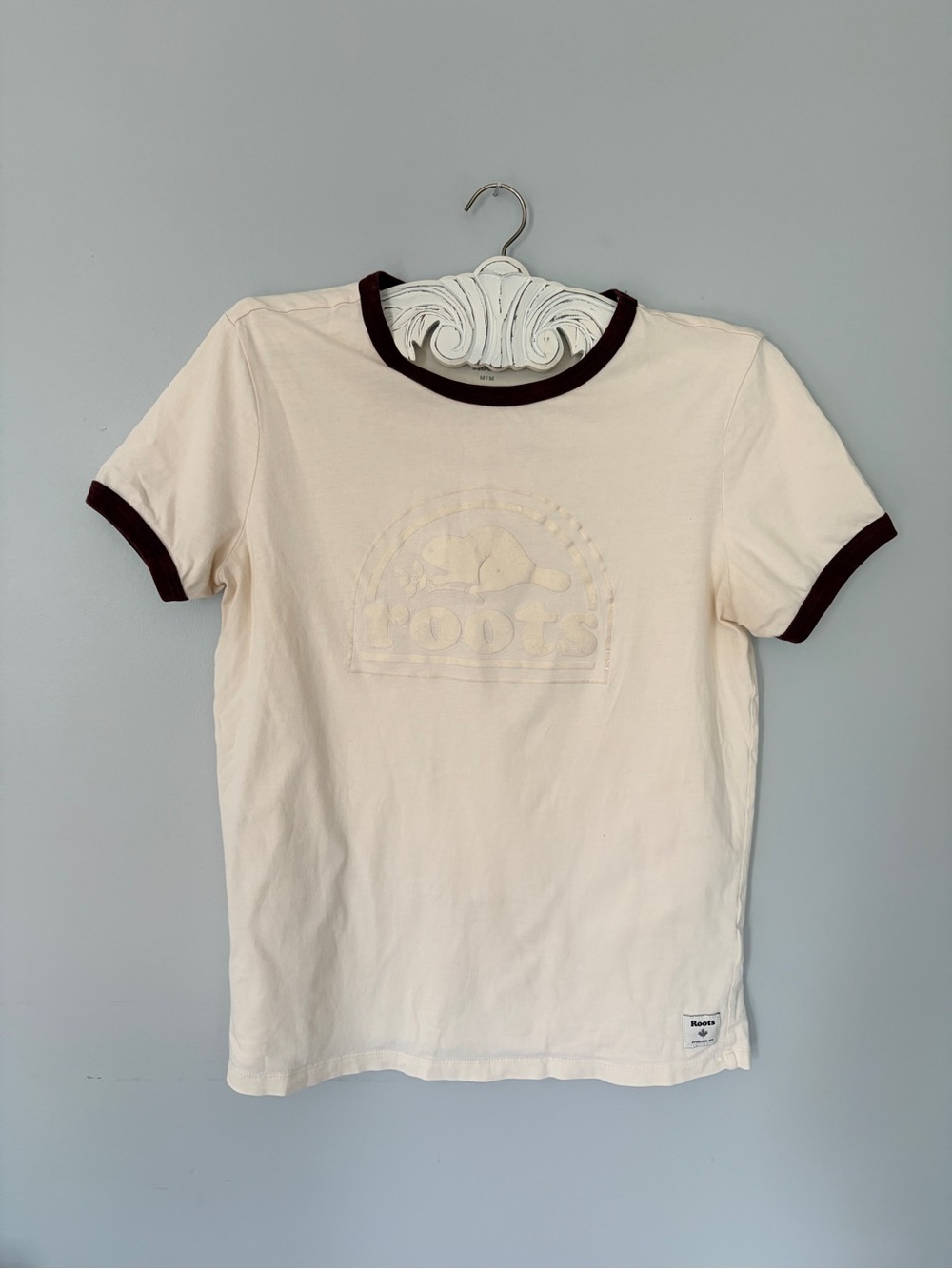 Women’s Roots Canada T-Shirt Full Length 100% Cotton Off-white and Burgundy